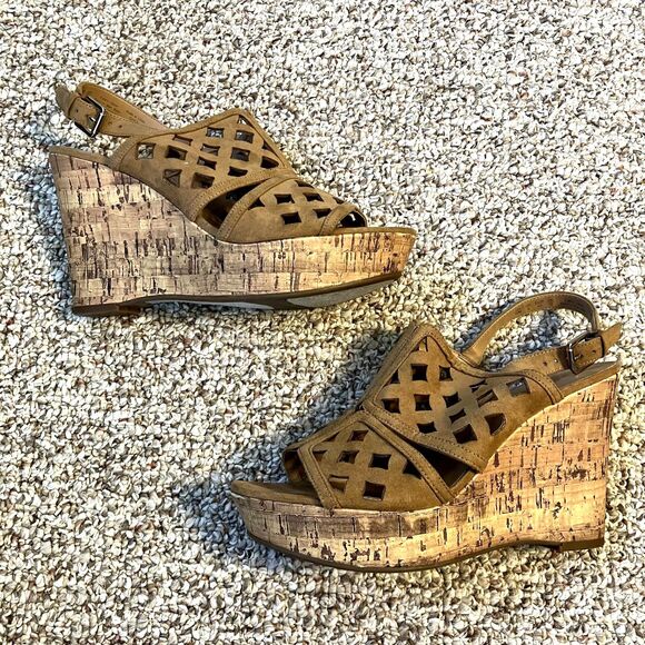 Franco Sarto Wedge Heel Clogs Size 10 Cork Tan Cut out Fabric Sandal Shoes - Picture 1 of 11